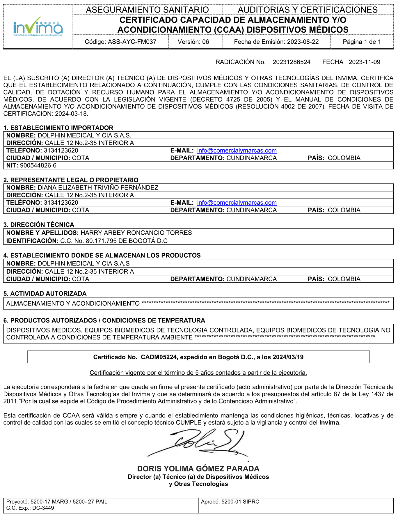 Certificado Capacidad de Almacenamiento y/o Acondicionamiento (CCAA) Dispositivos Médicos